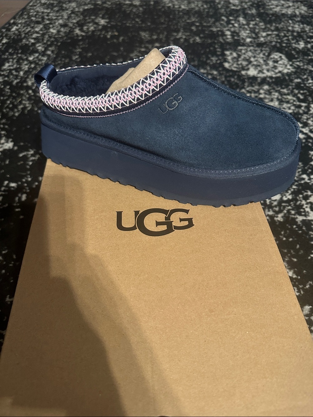 UGG Navy Suede Platform Mule with Pink Trim Tazz II
